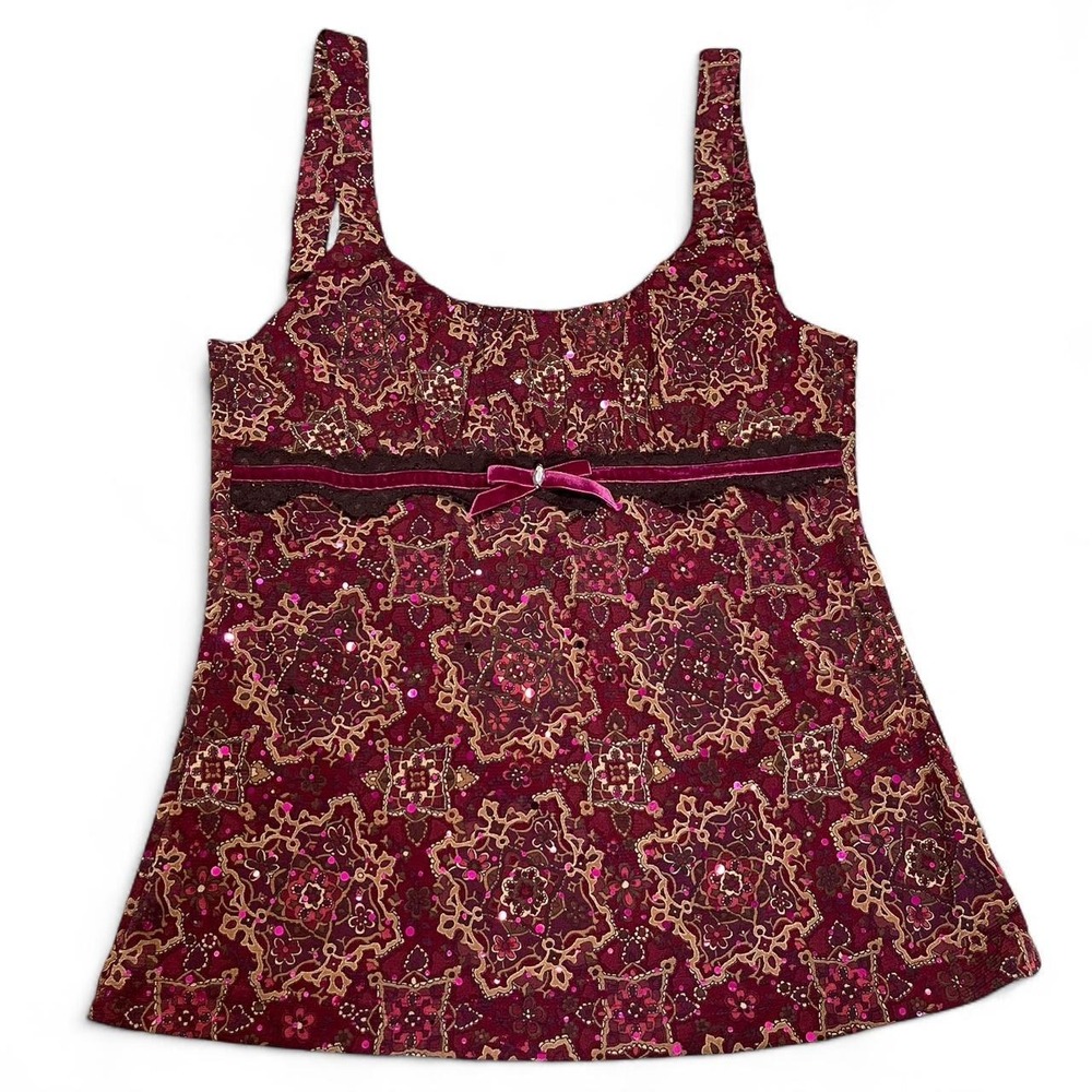 y2k Self Esteem burgundy tank top with velvet bow and sparkle accents.